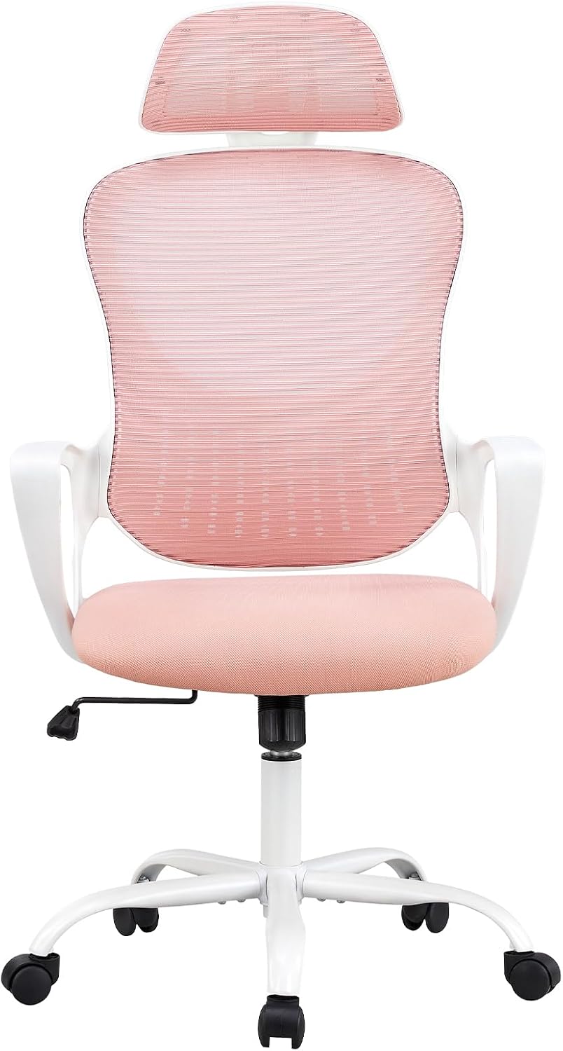 High Back Mesh Rolling Work Task Chairs With Wheels And Adjustable Headrests, Comfy Lumbar Support, Armrest For Bedroom, Gaming, Pink Pink Metal