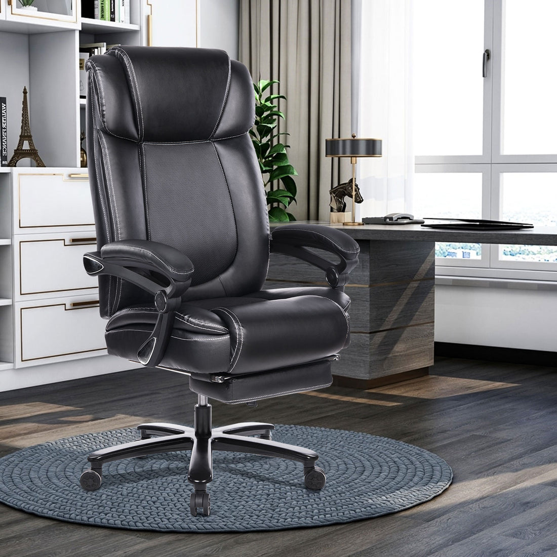 Office Chair With Footrest 400Lb Big And Tall Computer Gaming Chair Ergonomic Executive High Back Reclining Leather Desk Chair With Adjustable Lumbar Support And Heavy Duty Metal Base Metal Black Office Sponge Leather