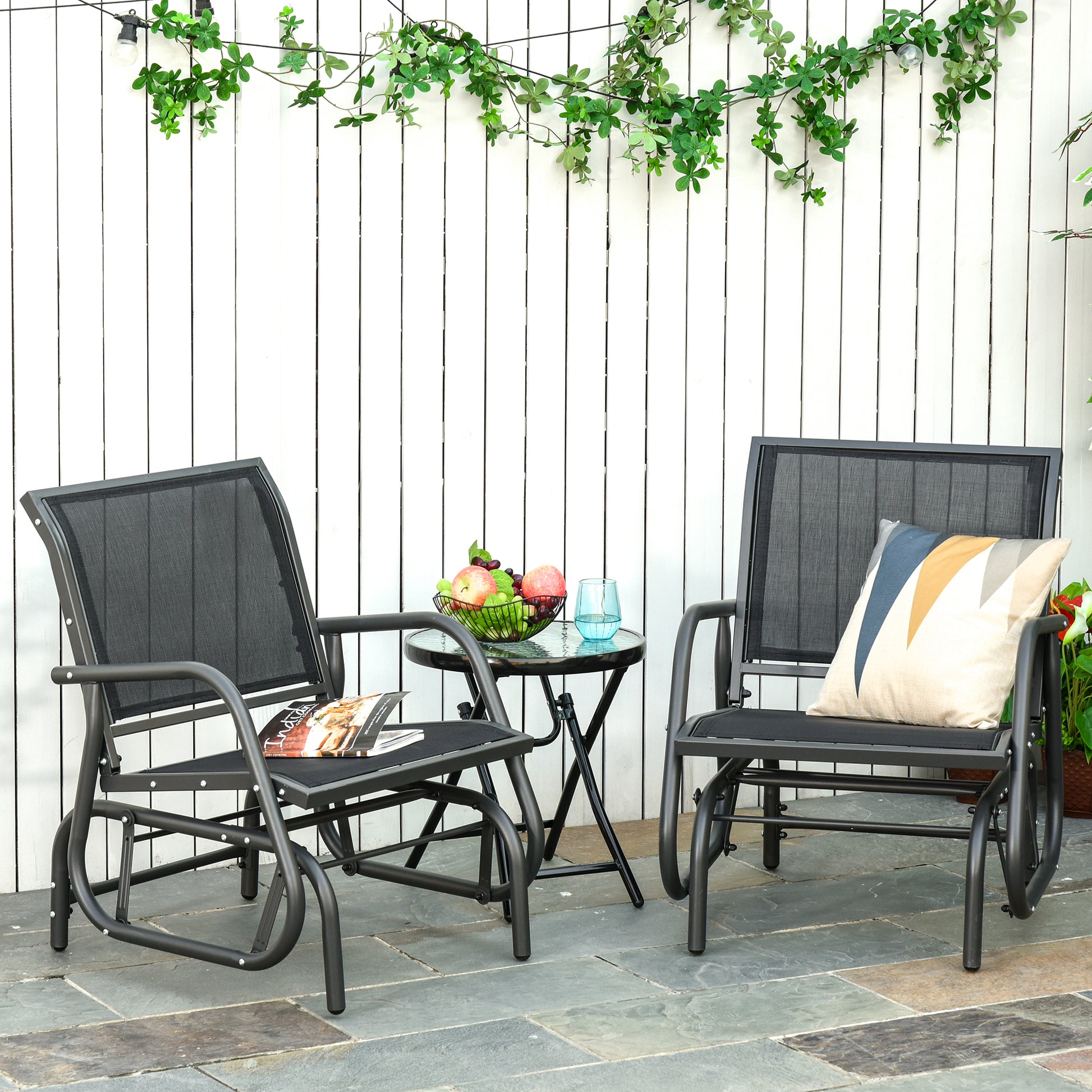 Outsunny Porch Glider Set Of 2, Metal Frame Swing Glider Chairs Withmesh Fabric, Curved Armrests And Steel Frame For Garden, Poolside, Backyard, Balcony, Black Black Steel