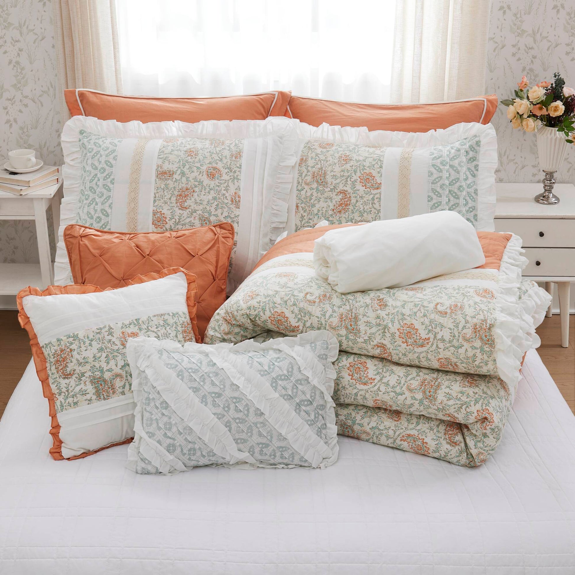 9 Piece Cotton Percale Comforter Set Coral King King Coral Polyester
