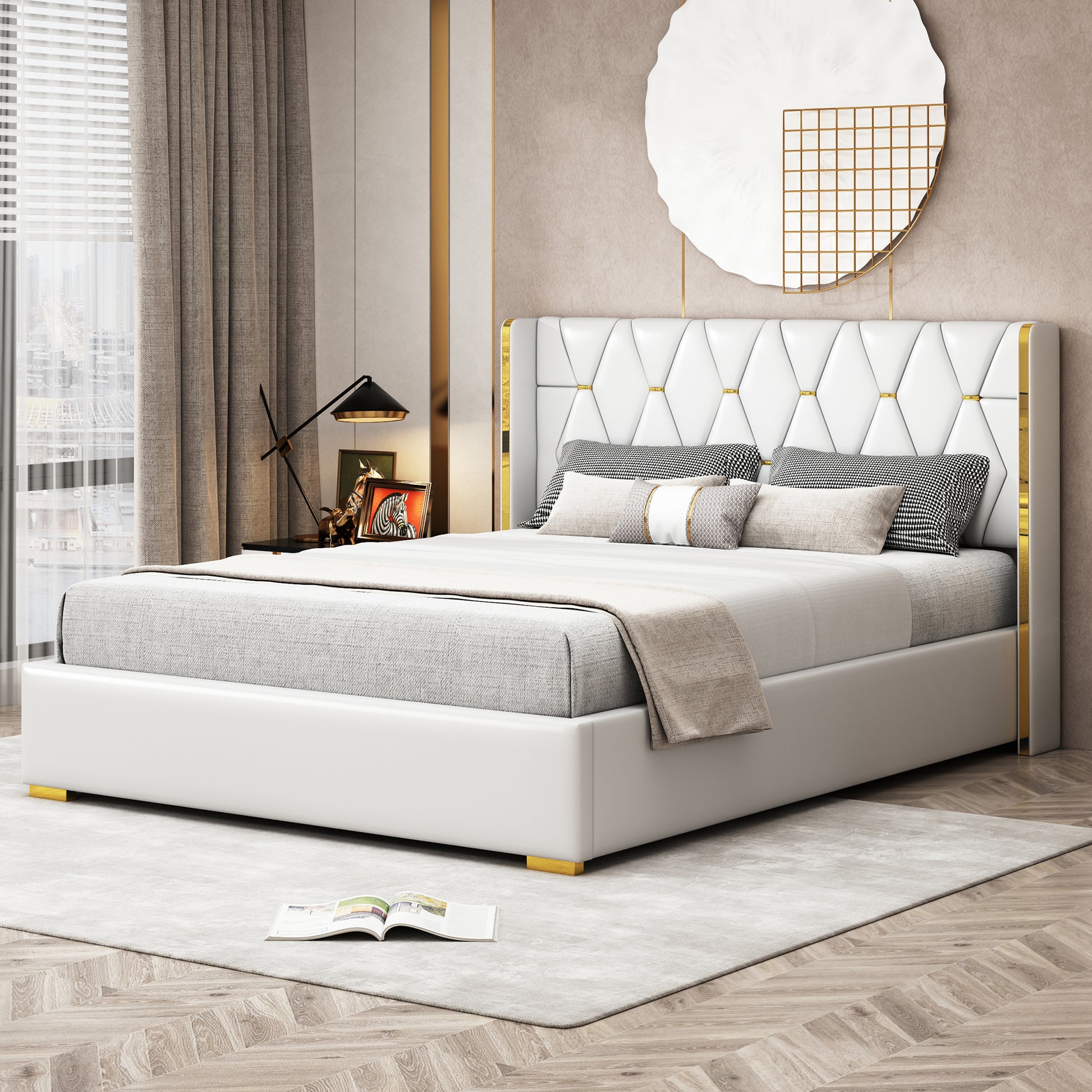 Queen Size Upholstered Platform Bed With Metal Strips, Off White Queen Off White Pu