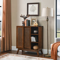 Mid Century Modern Rattan Sideboard Cabinet, Buffet Cabinet For Entryway Hallway Living Room Kitchen Dining Room Bedroom, Adjustable Shelf & Solid Wood Feet & Rattan Cabinet Doors Dark Wood Walnut