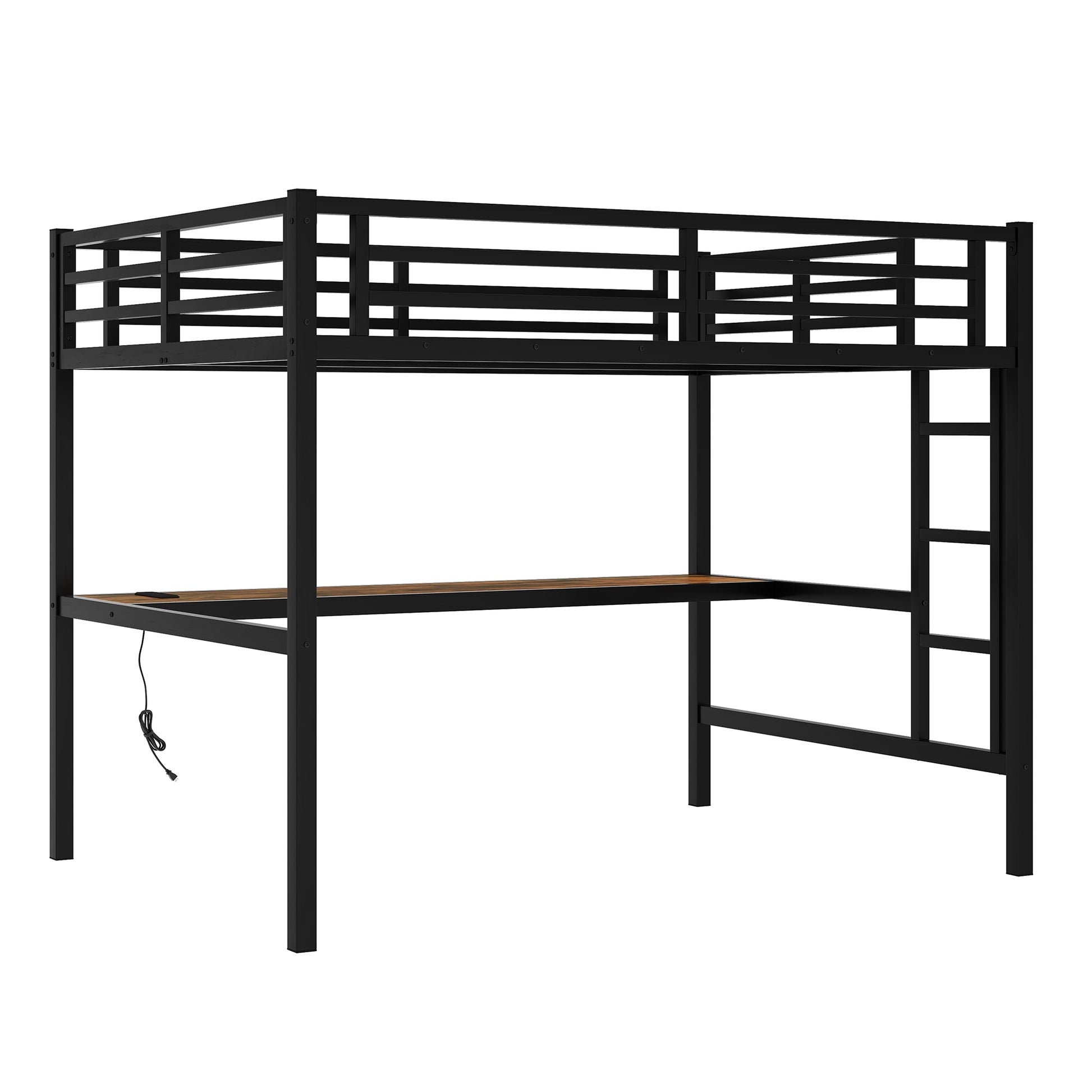 Metal Full Size Loft Bed With Power Outlet And Led Lighted, Space Saving, Noise Reduced, Black Full Black Metal