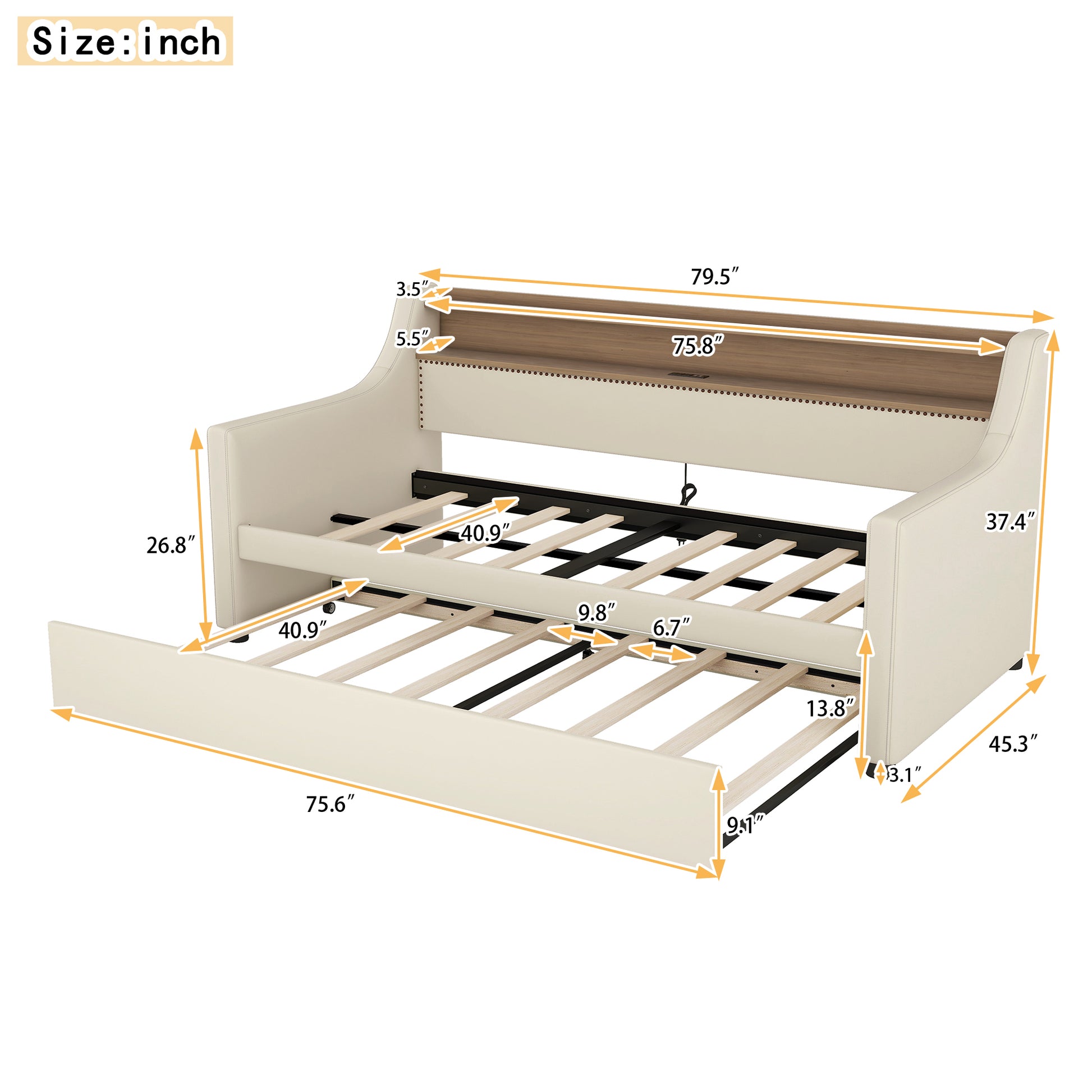 Twin Size Daybed With Trundle, Upholstered Daybed With Charging Station And Led Lights, Beige Twin Beige Pu Leather