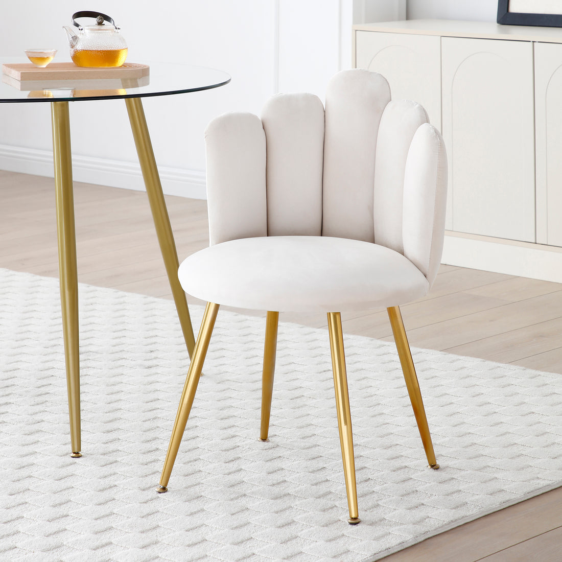 Modern Velvet Dining Chairs Set Of 2, Upholstered Woven Dining Chair With Golden Metal Legs, Upholstered Dining Chairs For Dining Room, Kitchen, Vanity, Living Room Beige Primary Living Space Foam Velvet