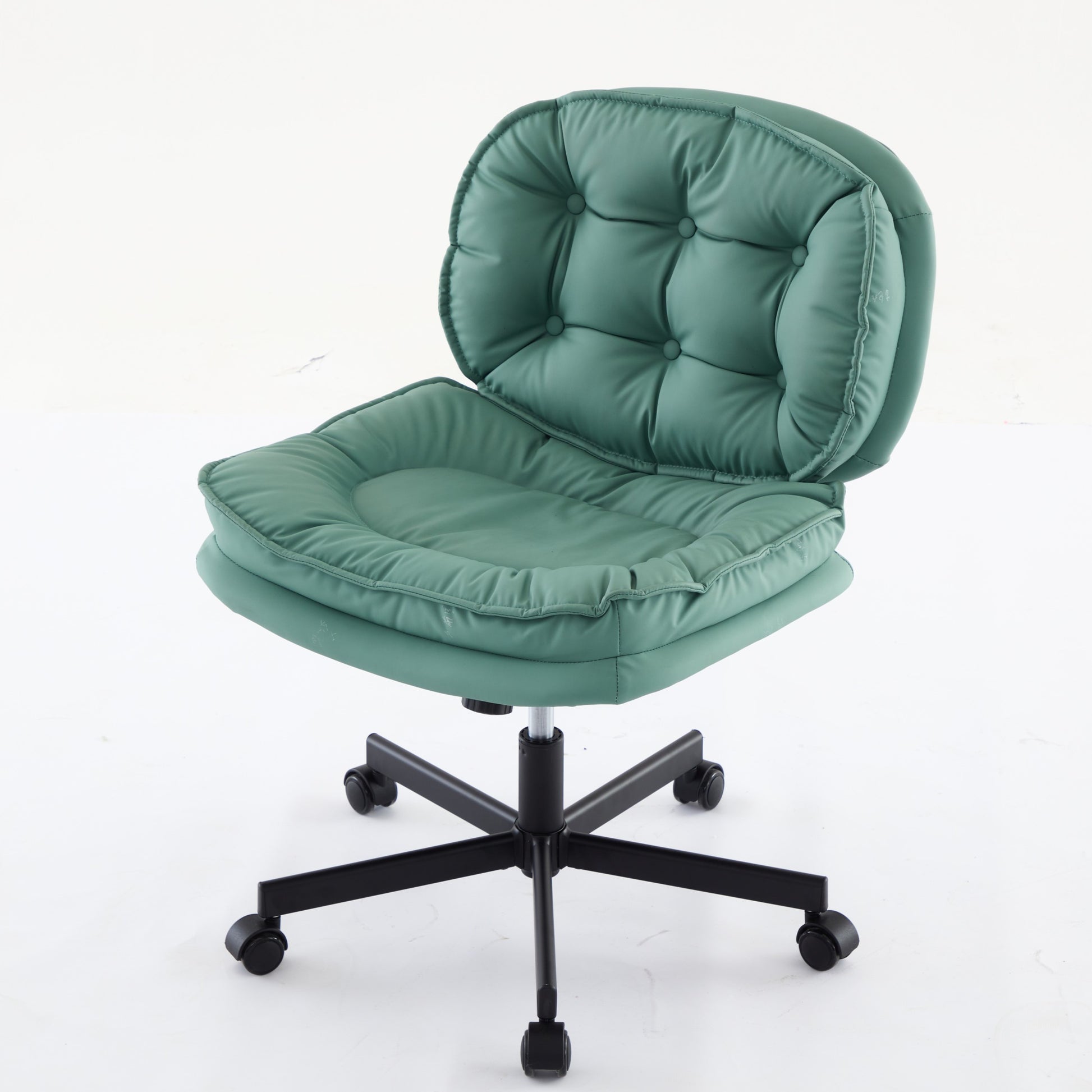 Armless Office Desk Chair With Wheels: Pu Leather Cross Legged Wide Chair,Comfortable Adjustable Swivel Computer Task Chairs For Home,Office,Make Up,Small Space,Bed Room Green Antique Fiber Foam And Polyester Fiber Pad Pvc