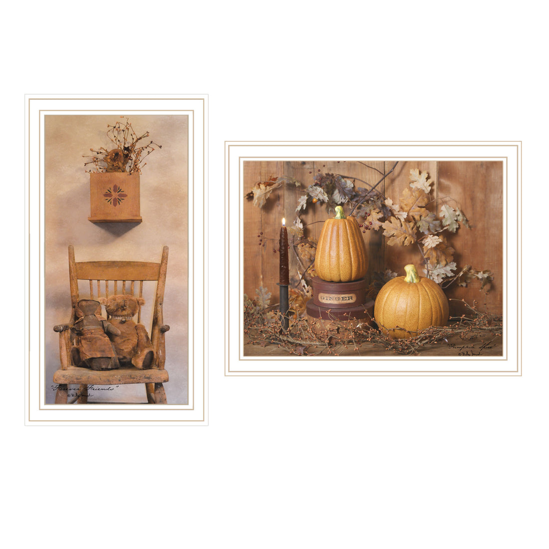 2 Piece Vignette Friends And Pumpkins White Framed Wall Art For Living Room, Bedroom Wall Art Print For Home Decor By Billy Jacobs Multicolor Wood Paper