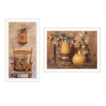 2 Piece Vignette Friends And Pumpkins White Framed Wall Art For Living Room, Bedroom Wall Art Print For Home Decor By Billy Jacobs Multicolor Wood Paper