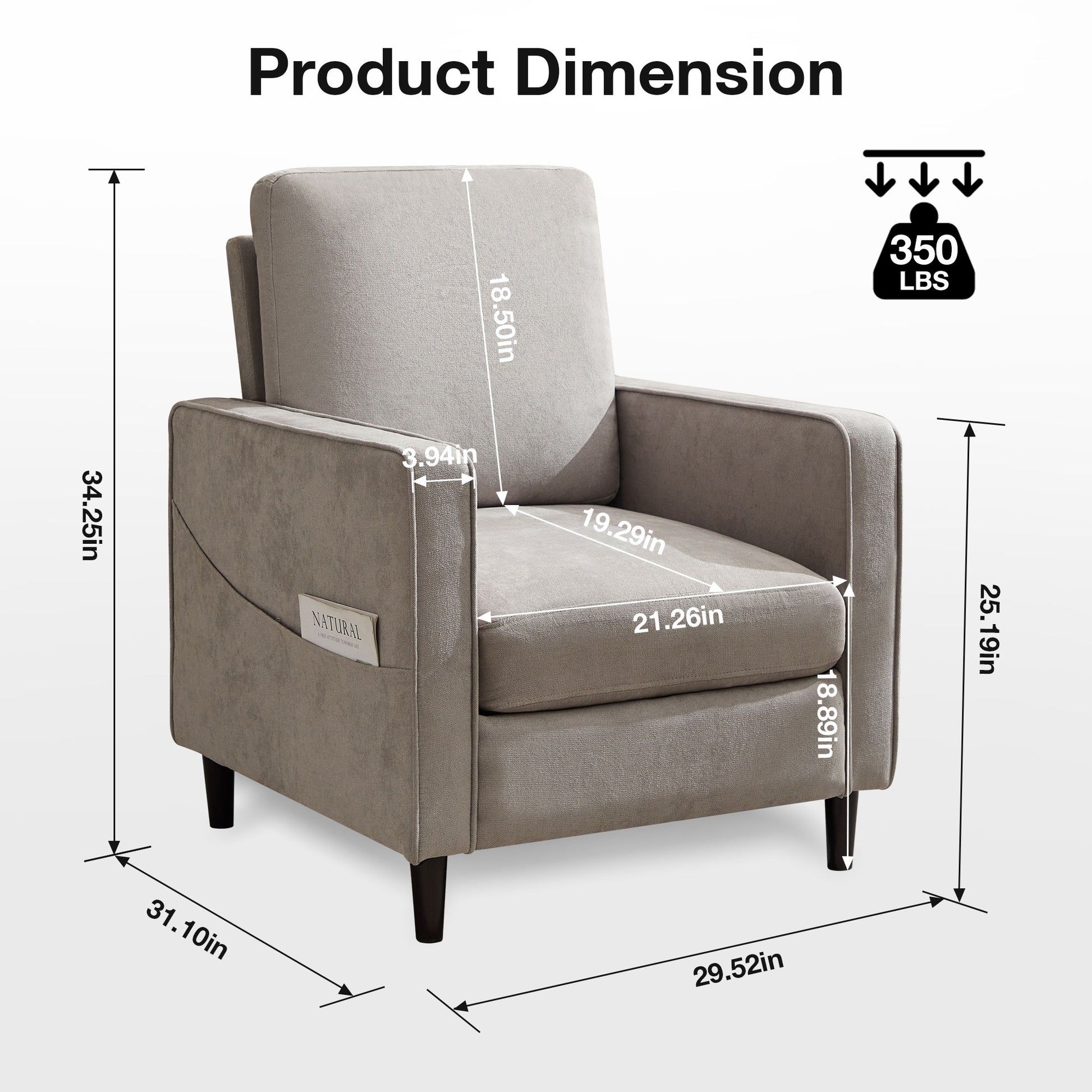 Mid Century Accent Chair ,Modern Linen Fabric Armchair For Living Room,Double Side Pockets, Comfortable And Padded Reading Feature Sofa Chair, Suitable For Bedrooms, Living Rooms, And Offices Light Gray Linen