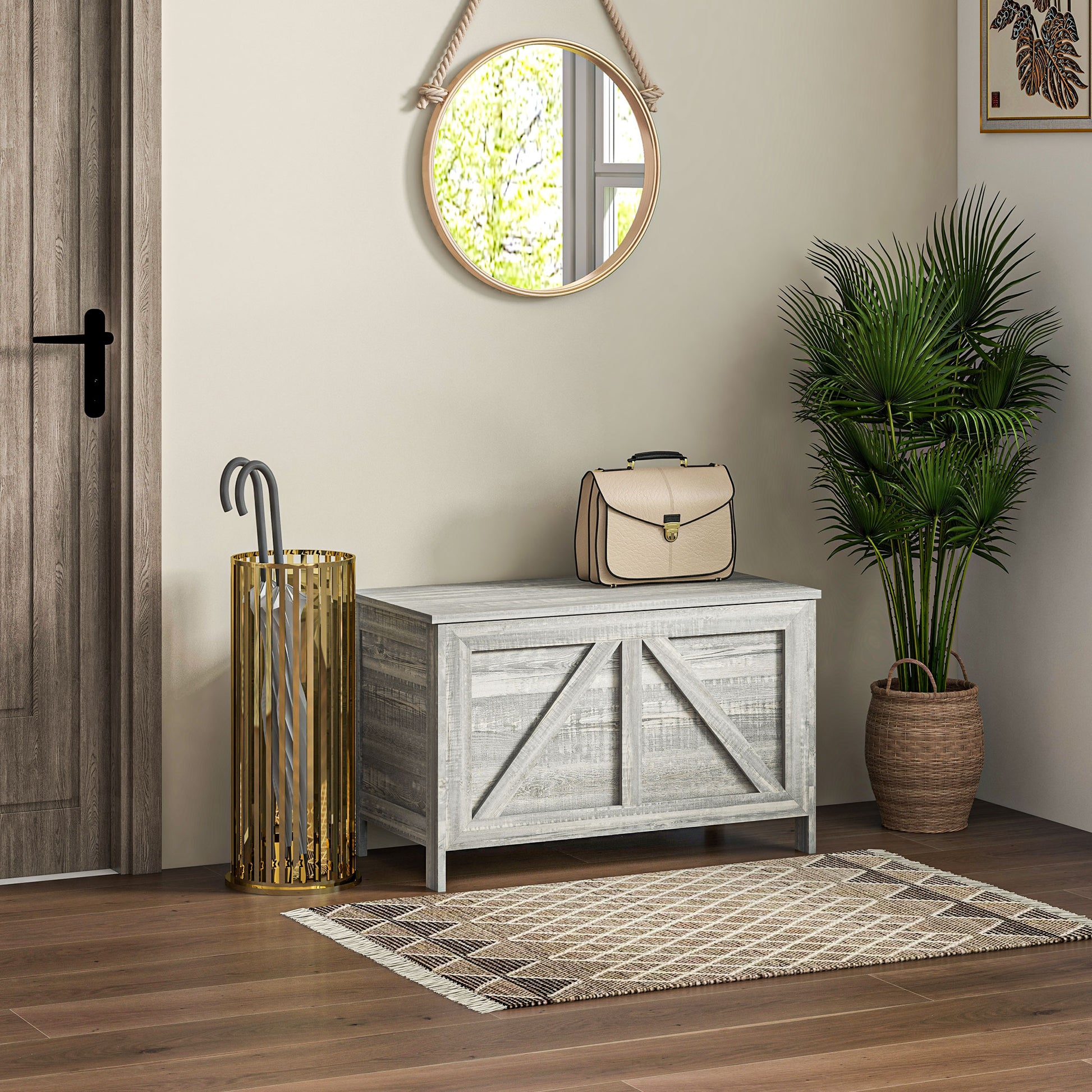 Homcom 30" Farmhouse Storage Chest, Lift Top Box Organizer With Safety Hinge To Open Up 100 For Bedroom, Entryway, Living Room, Gray Wood Grain Light Gray Particle Board