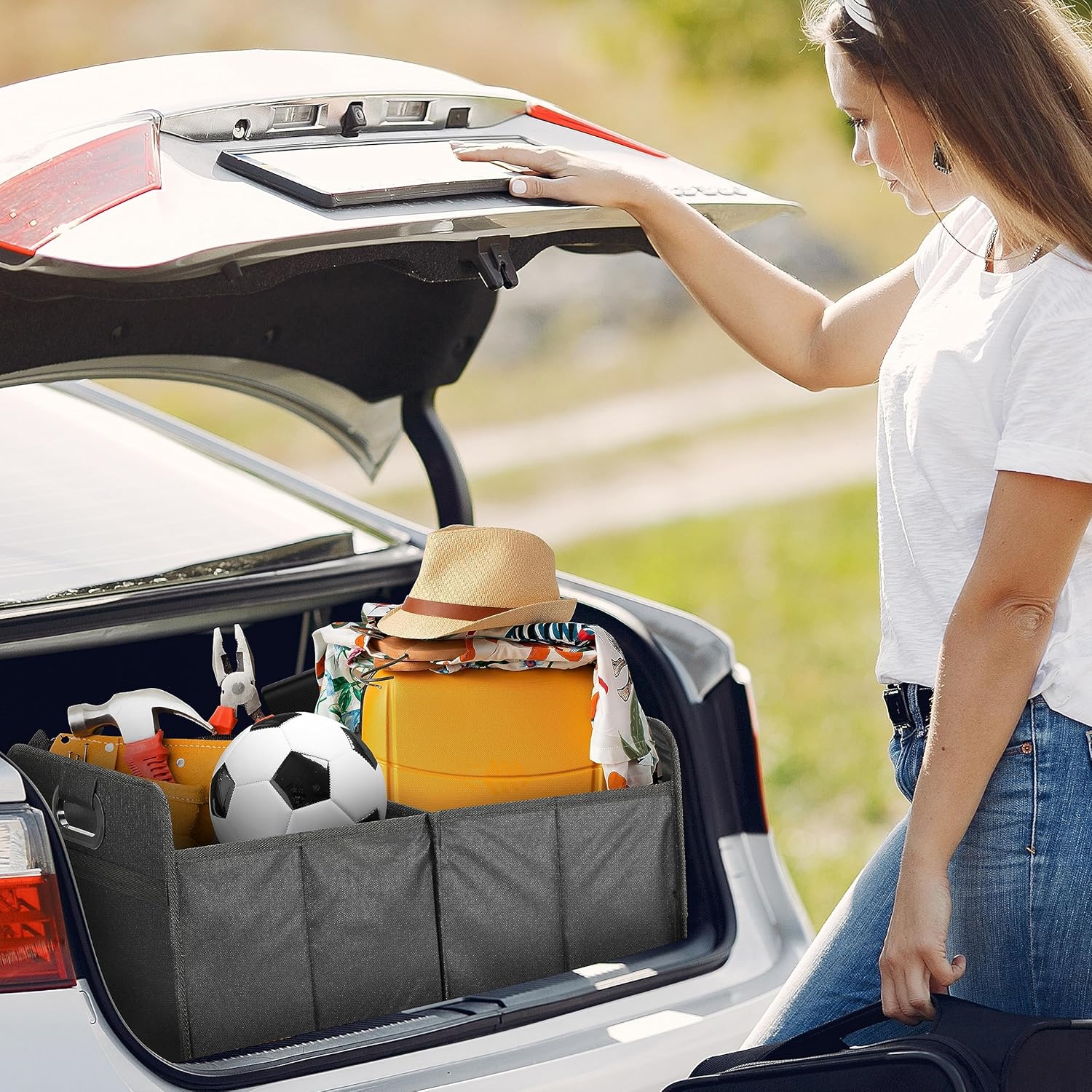 Trunk Organizer For Car Suv Truck, Collapsible 2 Compartment Automotive Storage Box, 600D Waterproof Oxford Polyester 50L Travel Accessories, Anti Slip & Leak Proof, Black Black Polyester