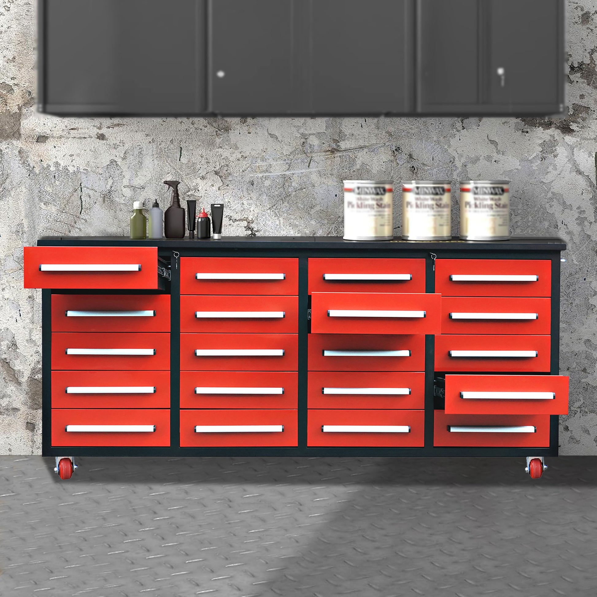 7Ft Garage Storage Cabinets With Workbench 20 Drawers Red Red Steel