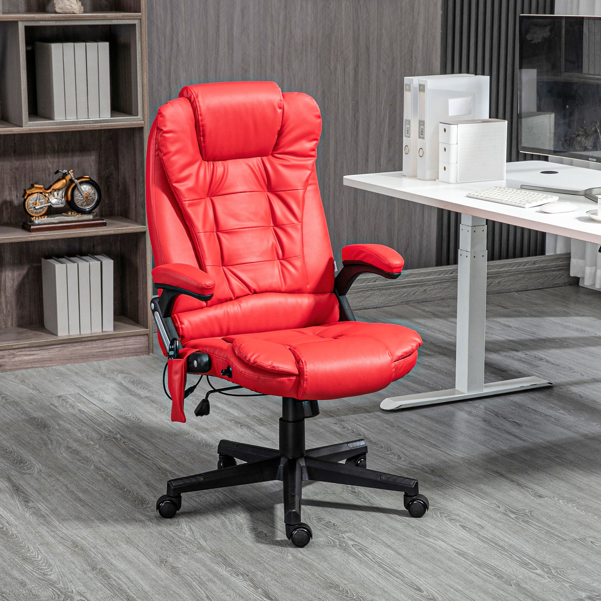 Homcom High Back Vibration Massage Office Chair With 6 Vibration Points, Heated Reclining Pu Leather Computer Chair With Armrest And Remote, Red Red Pu