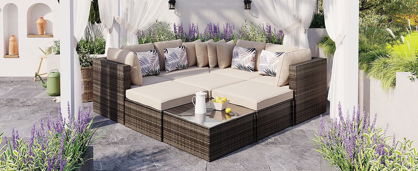 8 Piece Outdoor Wicker Sofa Set, Rattan Sofa Lounger, With Colorful Pillows, Conversation Sofa, For Patio, Garden, Deck, Brown Wicker, Beige Cushion Yes Brown Garden & Outdoor Complete Patio Sets Foam Wicker