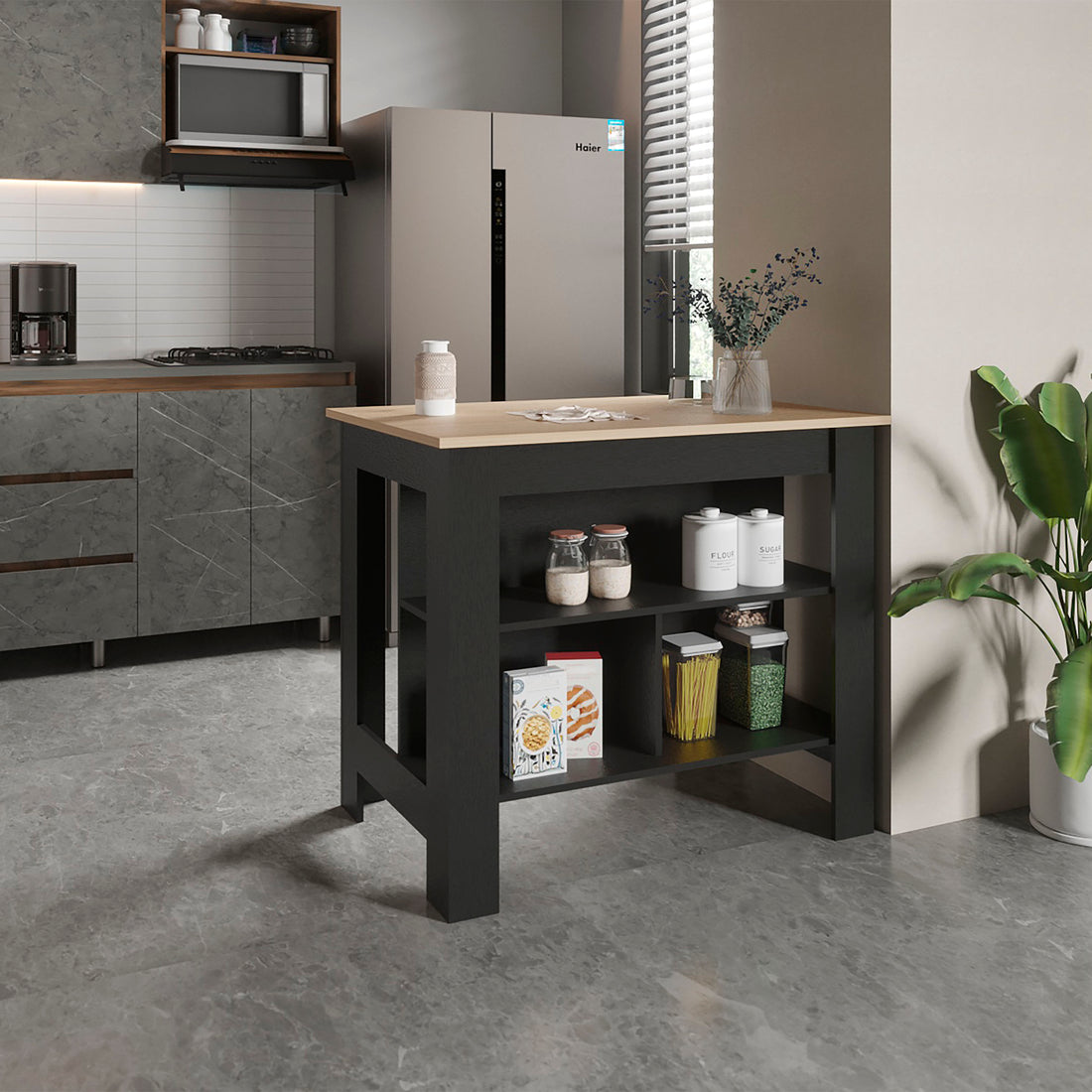 Cortes Kitchen Island 2 Tier Shelf 40" Width And Large Work Top Multi Kitchen Modern Rectangular Stationary Kitchen Islands Particle Board Medium 40 55In