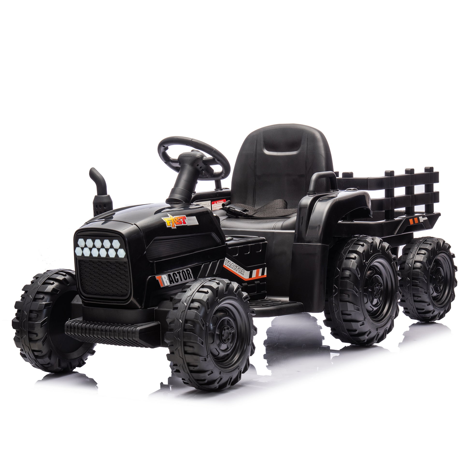 Ride On Tractor2.0 With Trailer,24V Battery Powered Electric Tractor Toy, 200W*2Motor 1.86 4.97Mph Remote Control,Electric Car For Kids,Three Speed Adjustable,Usb,Mp3 ,Bluetooth,Led Light, Safety Belt Black Polypropylene