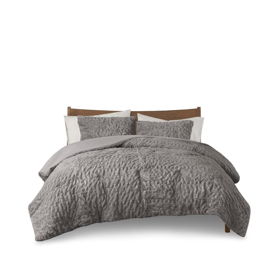 Ruched Fur Down Alternative Comforter Set Queen Grey Polyester