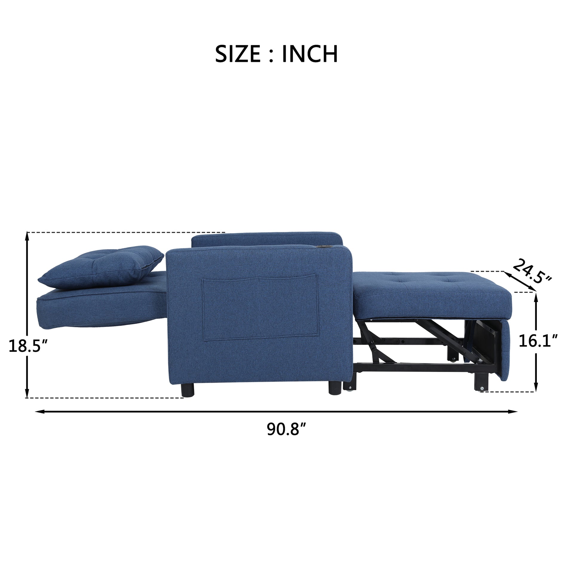 Sleeper Chair 3 In 1 Convertible Chair Bed Pull Out Sleeper Chair Beds Adjustable Single Armchair Sofa Bed With Usb Ports, Side Pocket, Linen Navy Navy Blue Linen Manual Handle Metal Primary Living Space Medium Soft Handle Pine Square Arms Foam Linen