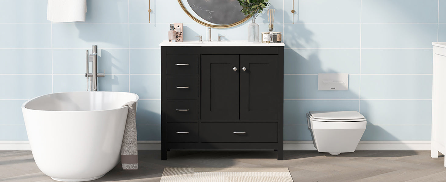36" Black Bathroom Vanity With Ceramic Sink Combo, Abundant Storage Cabinet 2 Soft Close Doors And 5 Drawers Black Bathroom Solid Wood Mdf
