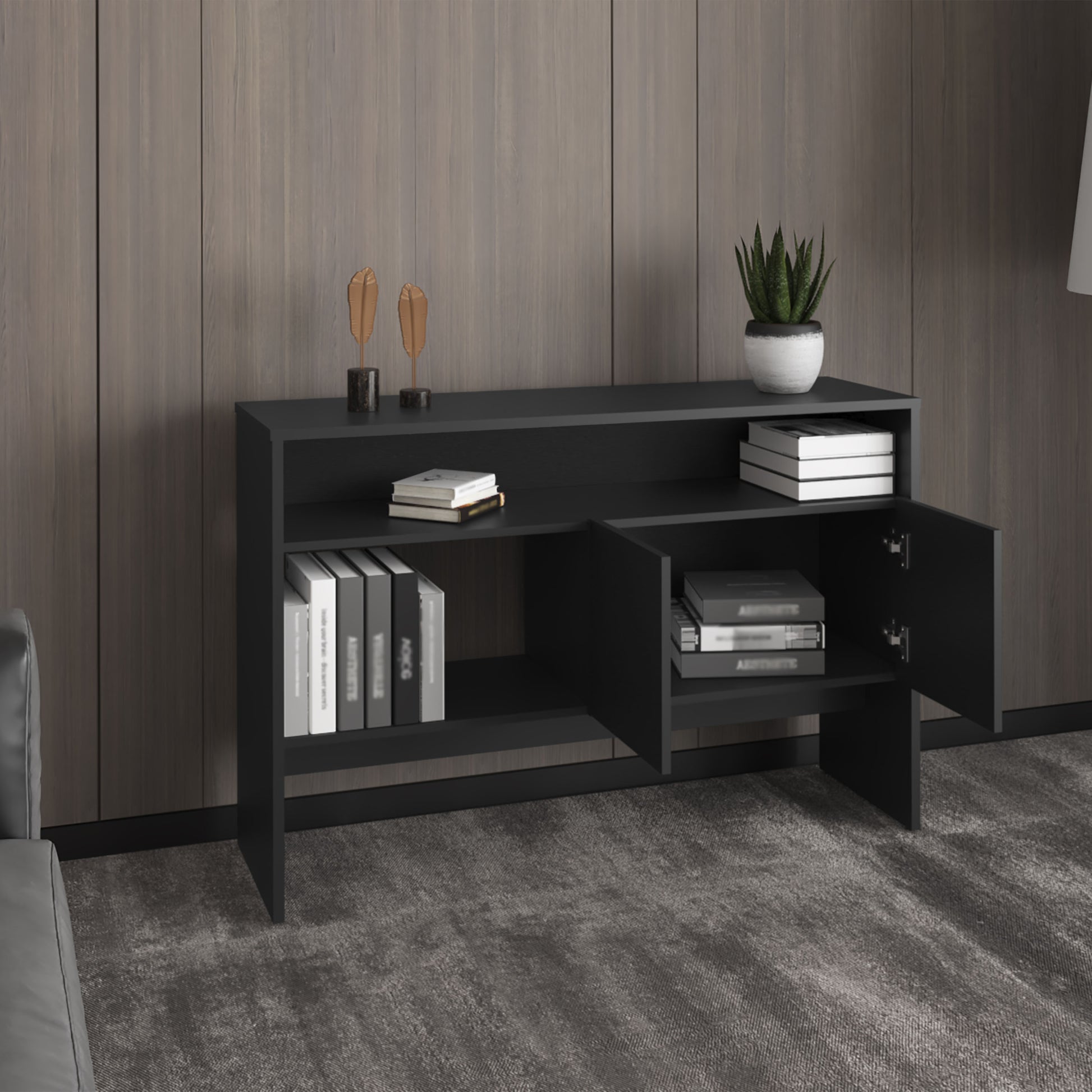 Bellagio 48.7" Wide 2 Tier Narrow Bellagio Console Table With Double Door Cabinet 2 Or Less Black Bathroom Modern Particle Board