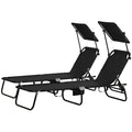 Outsunny Folding Chaise Lounge Pool Chairs, Outdoor Sun Tanning Chairs With Canopy Shade, Reclining Back, Steel Frame And Side Pocket For Beach, Yard, Patio, Black Black Steel