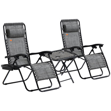 Outsunny Zero Gravity Chair Set With Side Table, Folding Reclining Chair With Cupholders & Pillows, Adjustable Lounge Chair For Pool, Backyard, Lawn, Beach, Gray Grey Steel