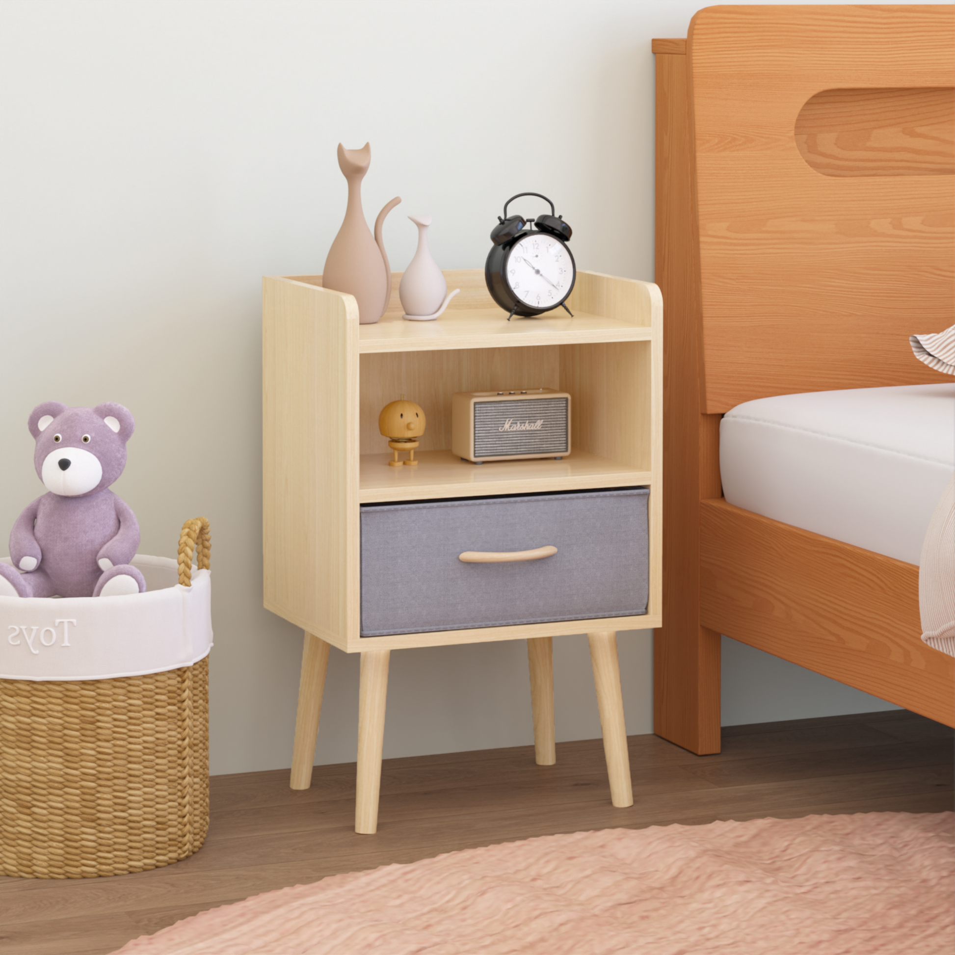 2Pc Nightstand With Collapsible Fabric Drawer, 2 Tier Storage End Table, Wood Side Table With Storage Cabinet For Bedroom, Living Room Oak Oak Engineered Wood