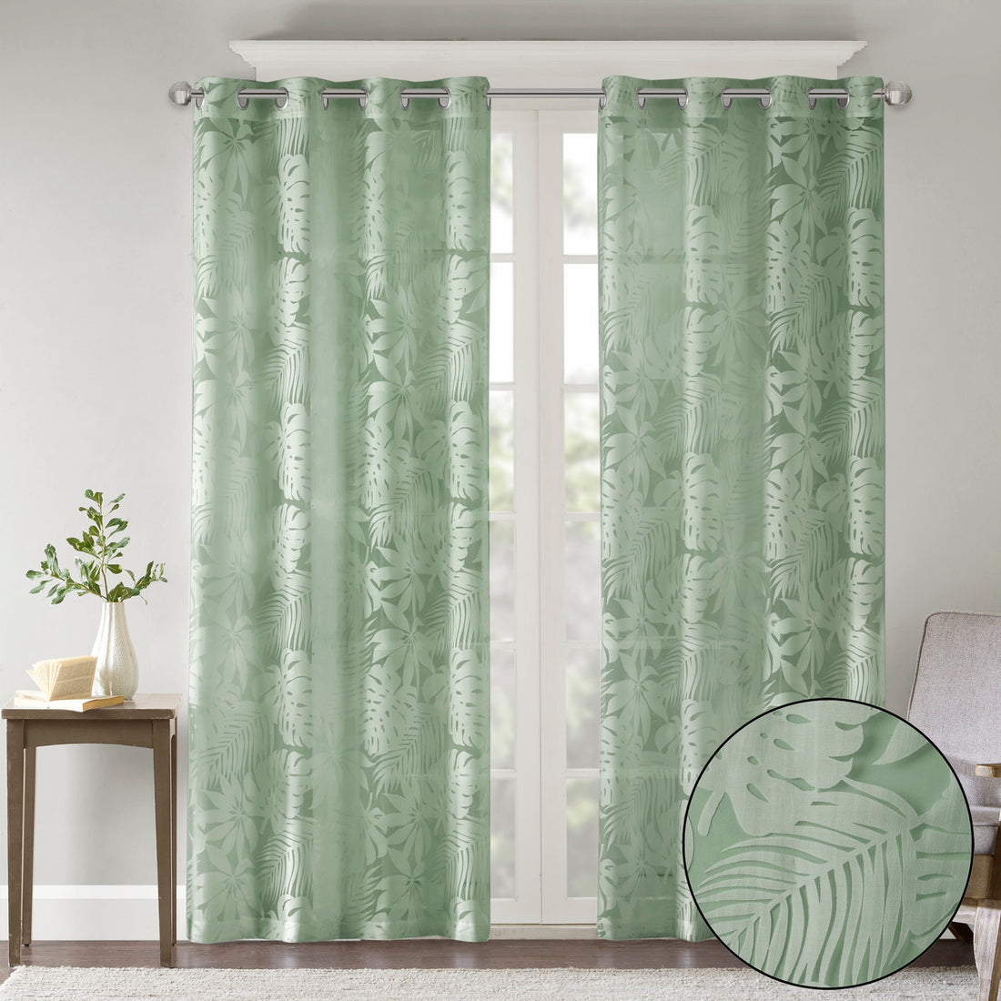 Palm Leaf Burnout Window Sheer Sage Green 50X84" Sage Green Polyester