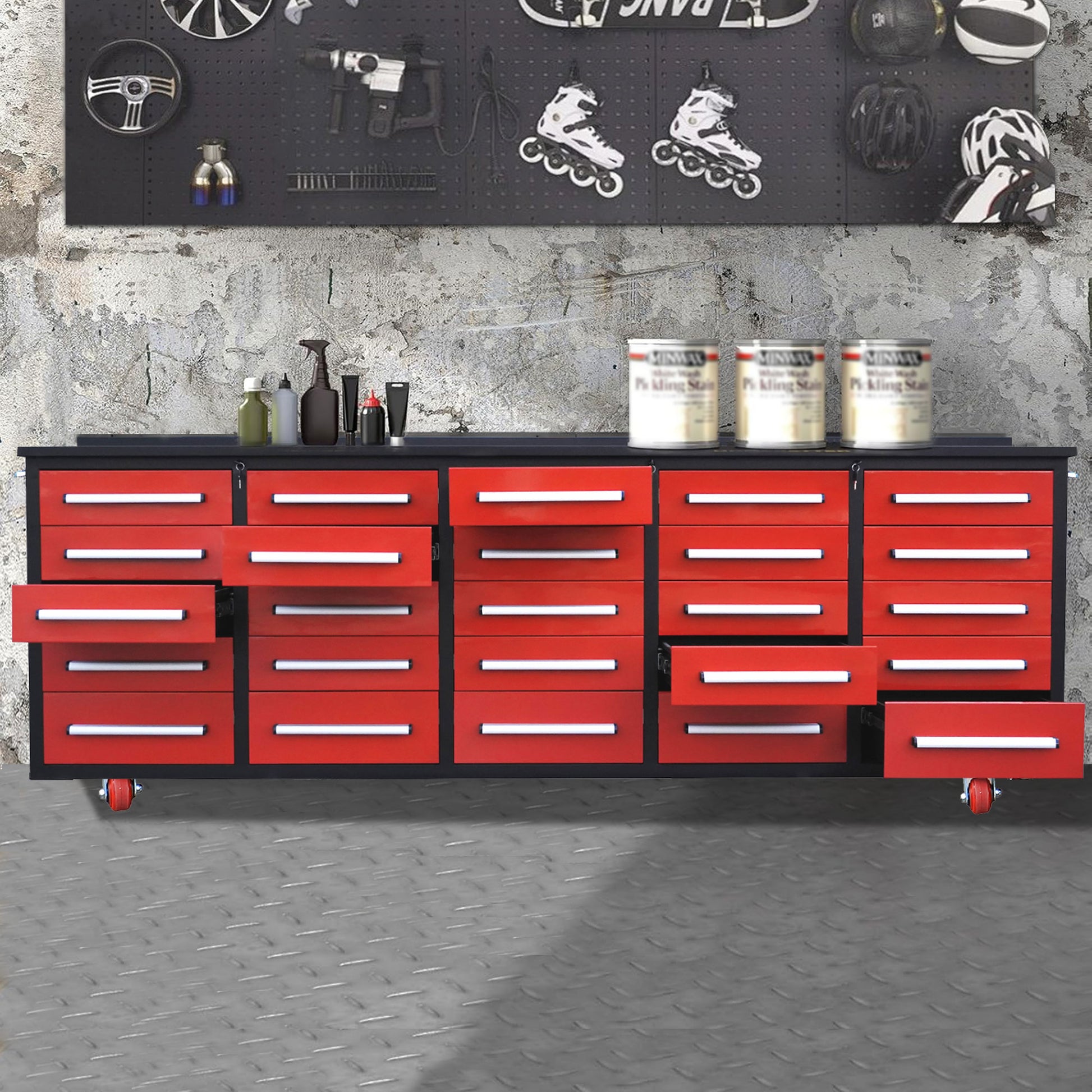 10Ft Workbench With Storage Drawers 25 Drawers Red Red Steel