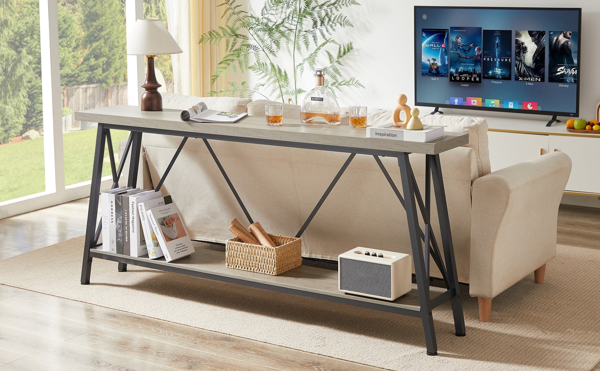 70.9 Inch Extra Long Sofa Table, Console Behind Sofa, Entryway Table With 2 Tier Storage Shelves For Hallways, Living Rooms,Foyers,Entryways,Banquet Rooms,Rustic Gray And Black, 70.9 L X 11.8"W X