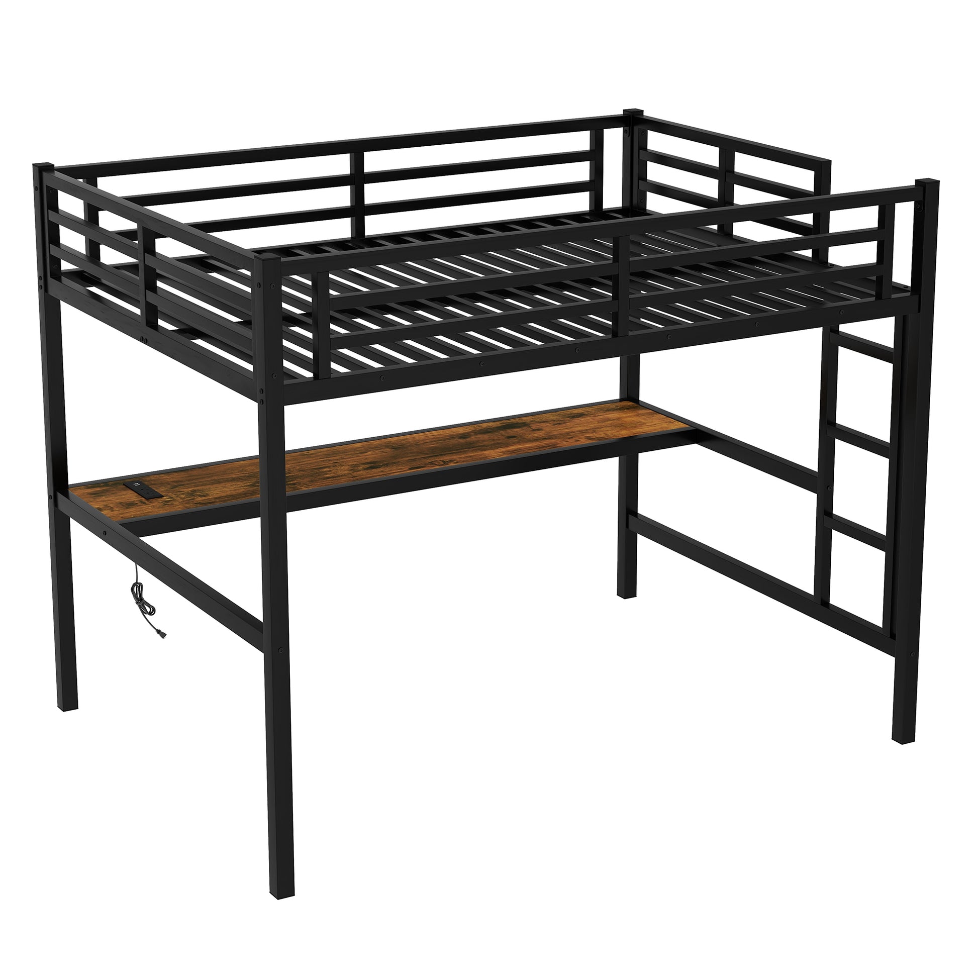 Metal Full Size Loft Bed With Power Outlet And Led Lighted, Space Saving, Noise Reduced, Black Full Black Metal