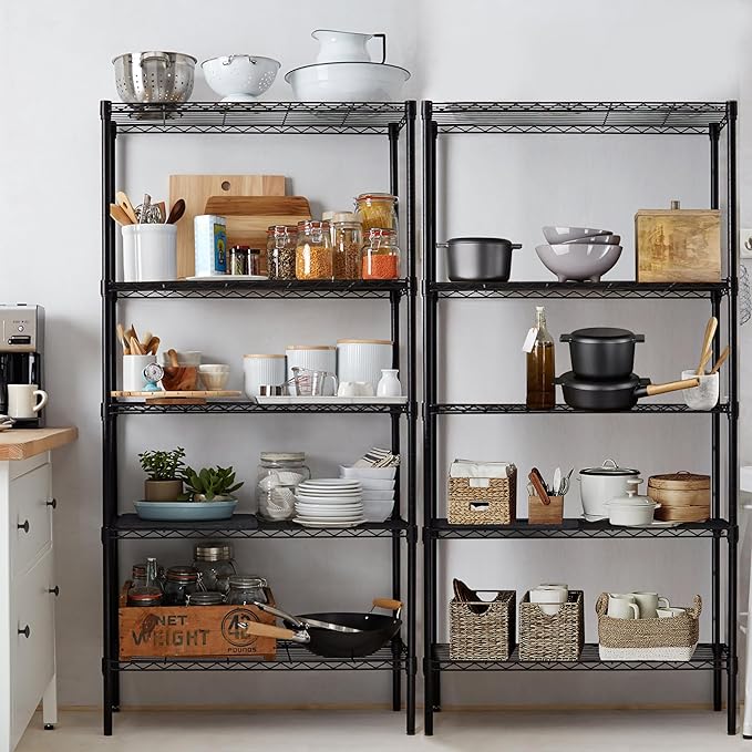 5 Tier Storage Shelves, 21" W X 12" D X 54" H Adjustable Heavy Duty Wire Metal Shelving Unit, Black Black Steel