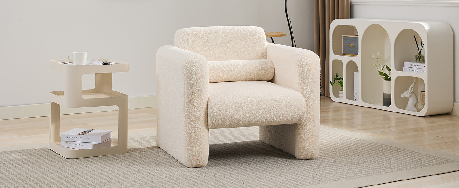 Modern Accent Chair Lambskin Sherpa Fabric Upholstered Comfy Reading Arm Chair Soft Padded Armchair With Back And Pillow For Living Room Bedroom Reception Waiting Room Office, Cream Cream Primary Living Space Upholstered