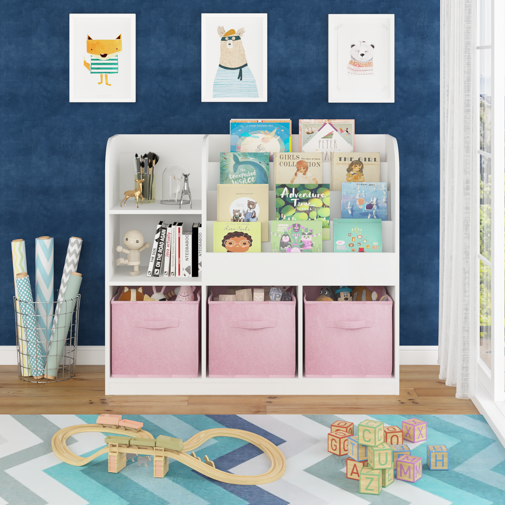 Kids Bookcase And Bookshelf, Multifunctional Bookcase With 3 Collapsible Fabric Drawers, Bookcase Display Stand, Toy Storage Organizer For Bedroom, Playroom, Hallway White Pink White Pink Fabric,Mdf