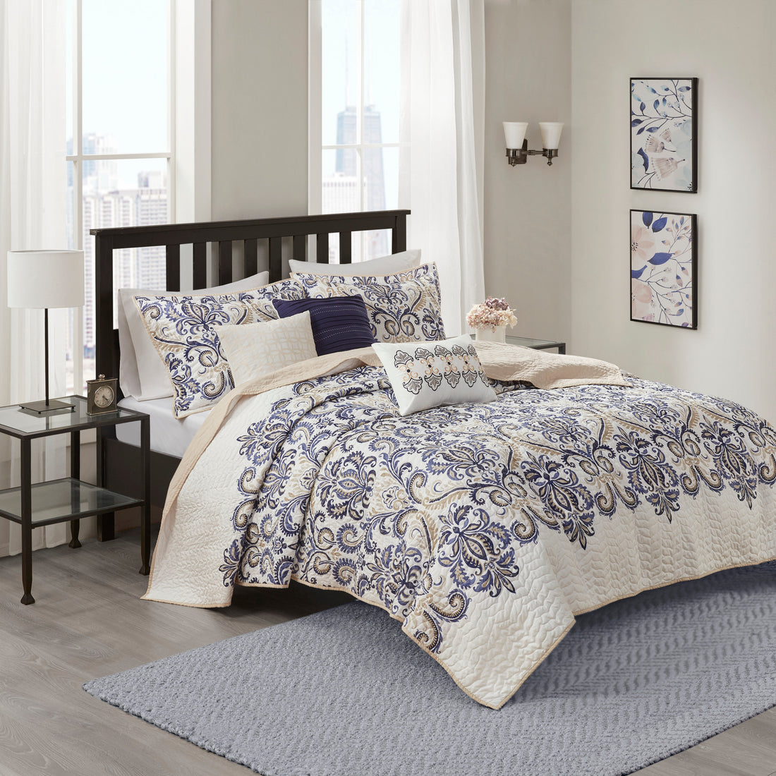 6 Piece Reversible Quilt Set With Throw Pillows Navy Tan Full Queen Full Navy Cotton
