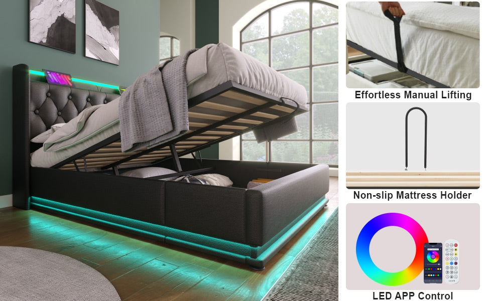 Full Size Upholstered Bed, 360 Surround Led Function, Buttons Apps Remote Control, Hydraulic Storage Bed With Usb Type C Charging, Black,Pu Without Mattress Full Black Pu
