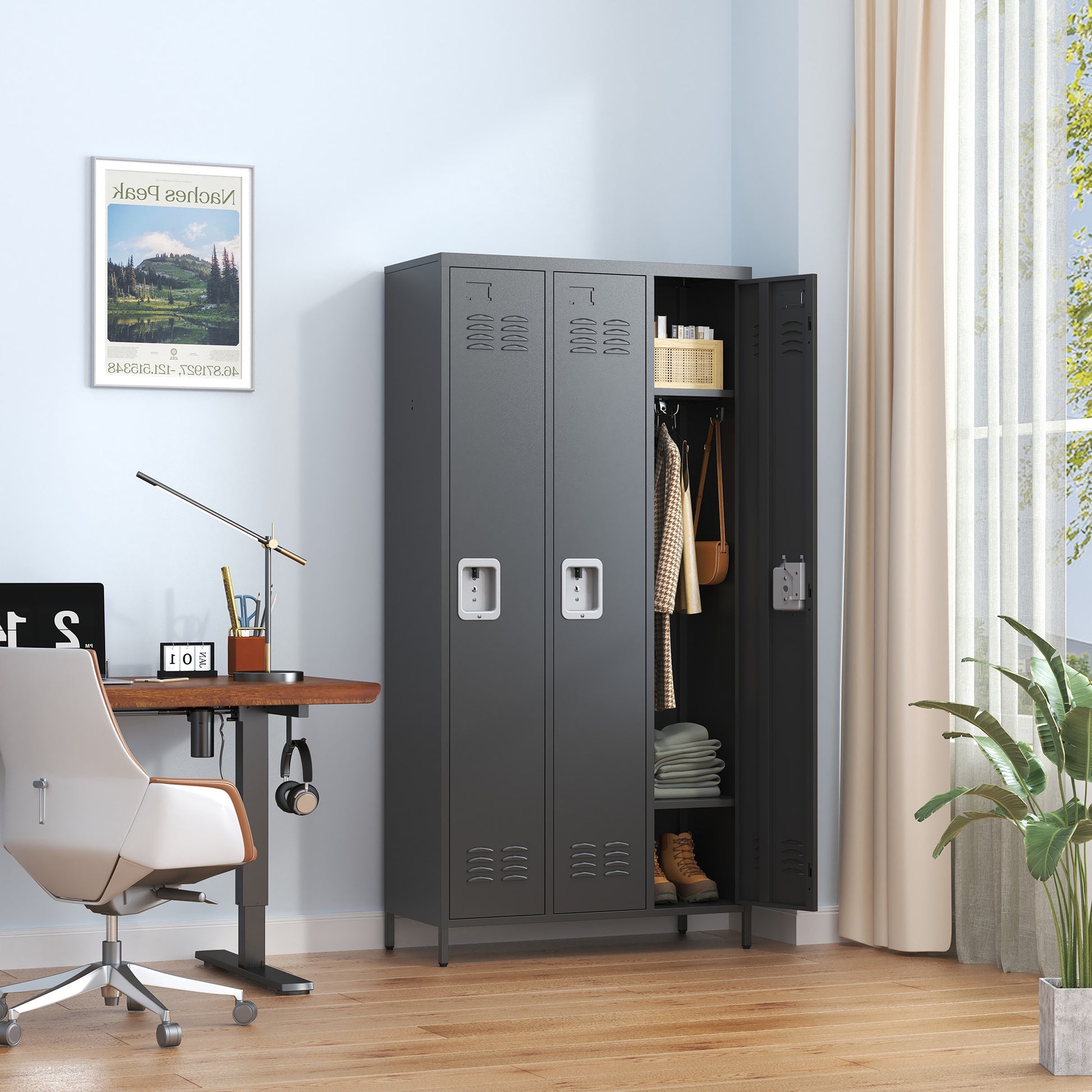 3 Door 72"H Metal Lockers With Lock For Employees,Storage Locker Cabinet For Home Gym Office School Garage,Black Freestanding 5 Or More Spaces Black Gym Door Locks Modern Metal Metal