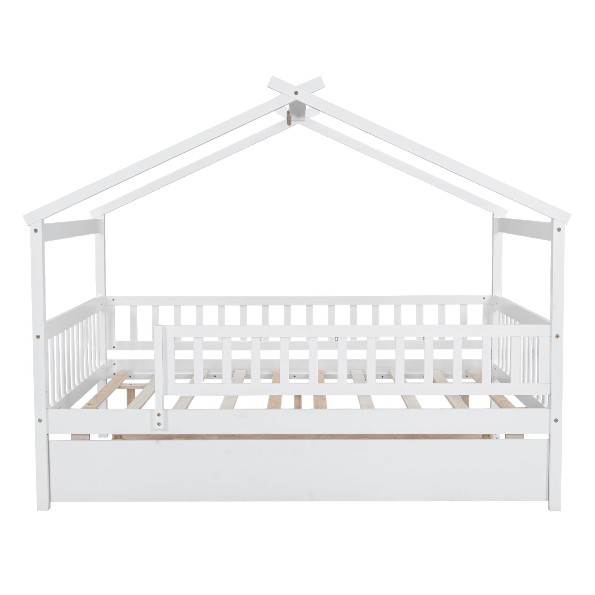 Full Size Wooden House Bed With Twin Size Trundle, White Full White Solid Wood Mdf