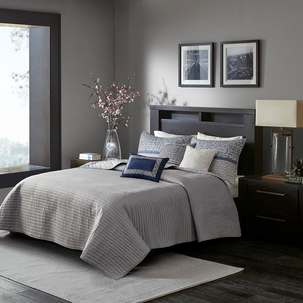 6 Piece Reversible Jacquard Quilt Set With Throw Pillows Navy Full Queen Navy Cotton
