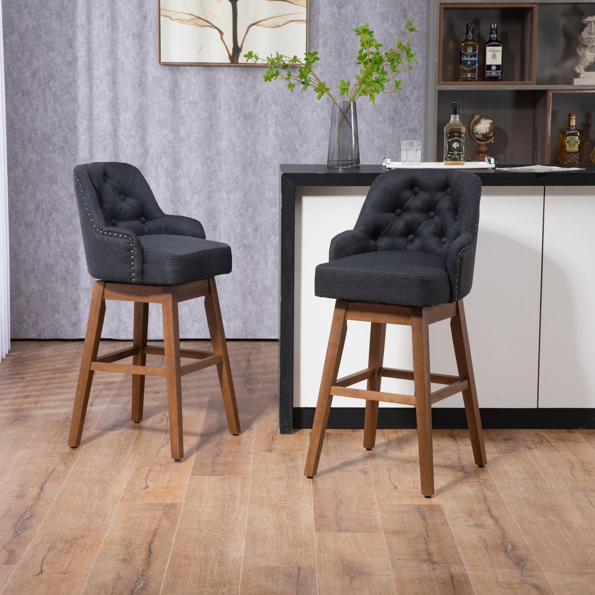 Coolmore Bar Stools Set Of 2 Counter Height Chairs With Footrest For Kitchen, Dining Room And 360 Degree Solid Wood Legs Swivel Bar Stools Set Of 2 Black Linen Black Foam Linen