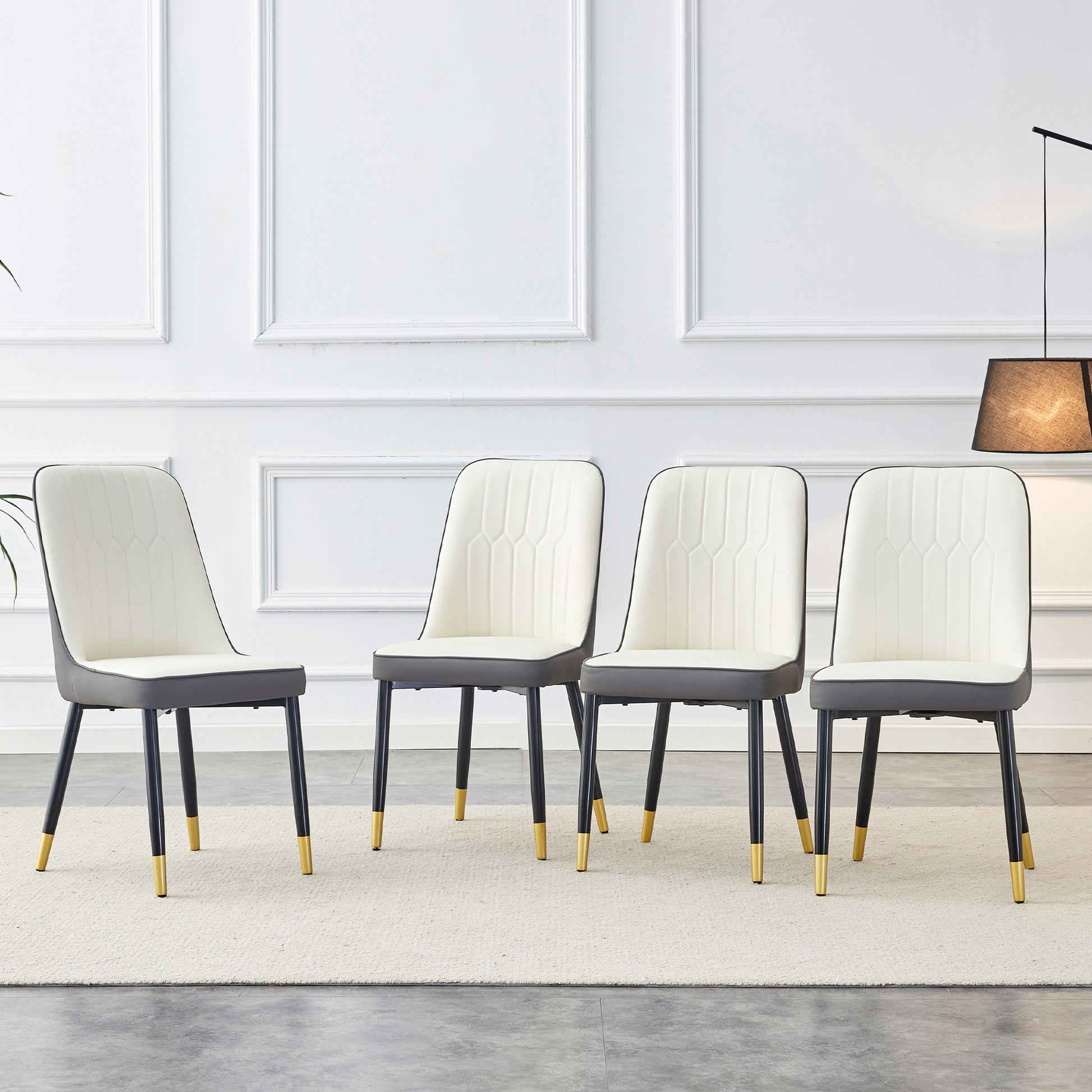 Large Modern Minimalist Rectangular Dining Table With 0.39 "Imitation Marble Black Tabletop And Golden Metal Legs, Paired With Chairs With Pu Cushions And Black Metal Legs. F 1537 C 007 Black Gold Glass Metal