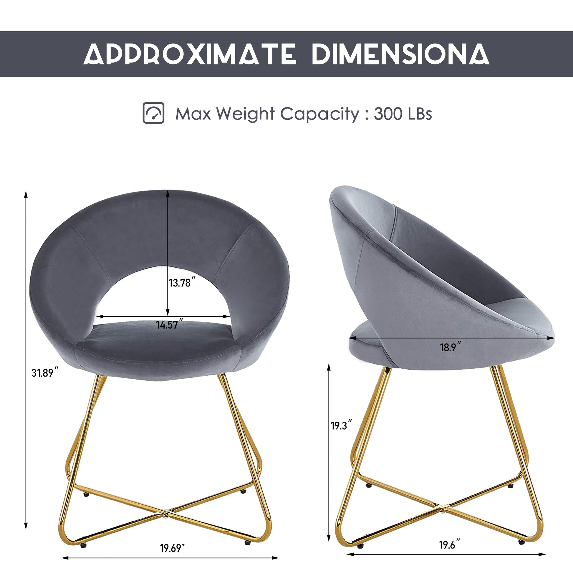 Modern Accent Velvet Chair, Set Of 2, Dining Chair Comfy Upholstered Arm Chair Living Room Furniture Mid Century Leisure Chair With Golden Metal Frame Legs Gray Fabric Metal