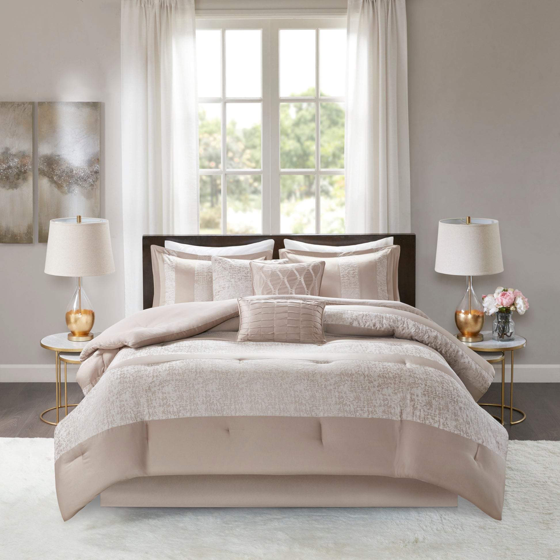 7 Piece Chenille Jacquard Comforter Set Taupe Cal King California King Multicolor Polyester