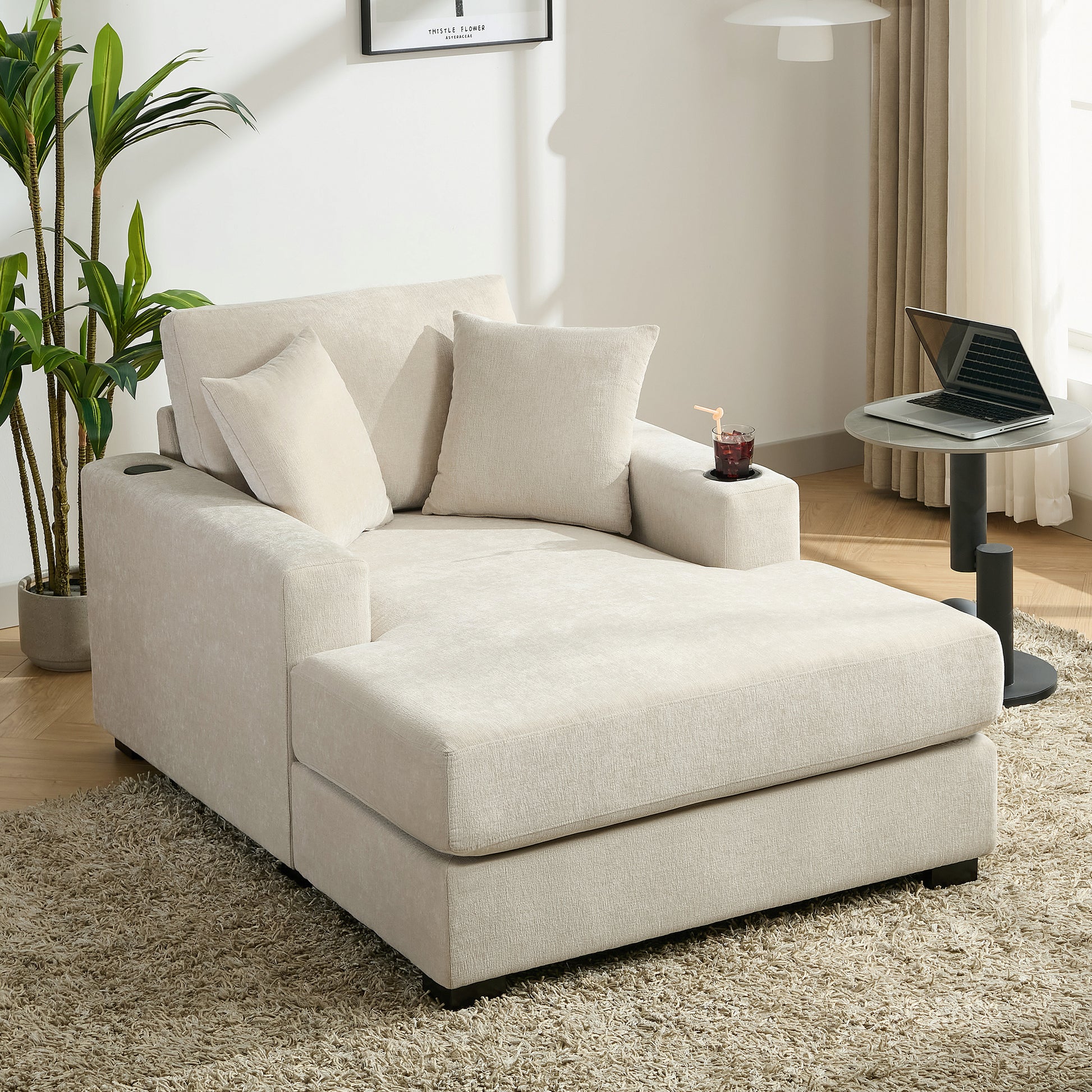 43.5" Oversized Chaise Lounger Modern Style Sofa Couch ,With Pillows, Charge Station & Cup Holders, Chenille Fabric, Cream Cream Chenille