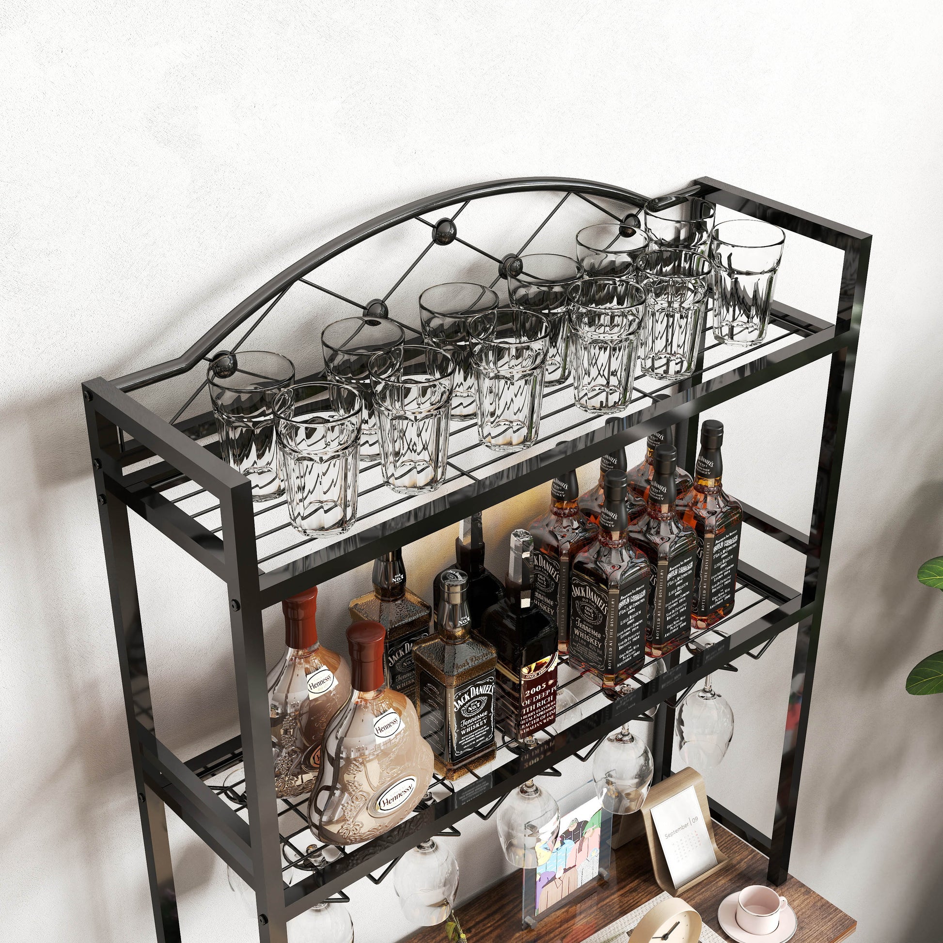 Industrial Wine Rack Bar Table, 3 Tier Liquor Bottle And Glass Holder With Storage Shelves, Metal And Wood Wine Organizer For Home Kitchen, Dining Room, And Living Room Black Brown Kitchen American