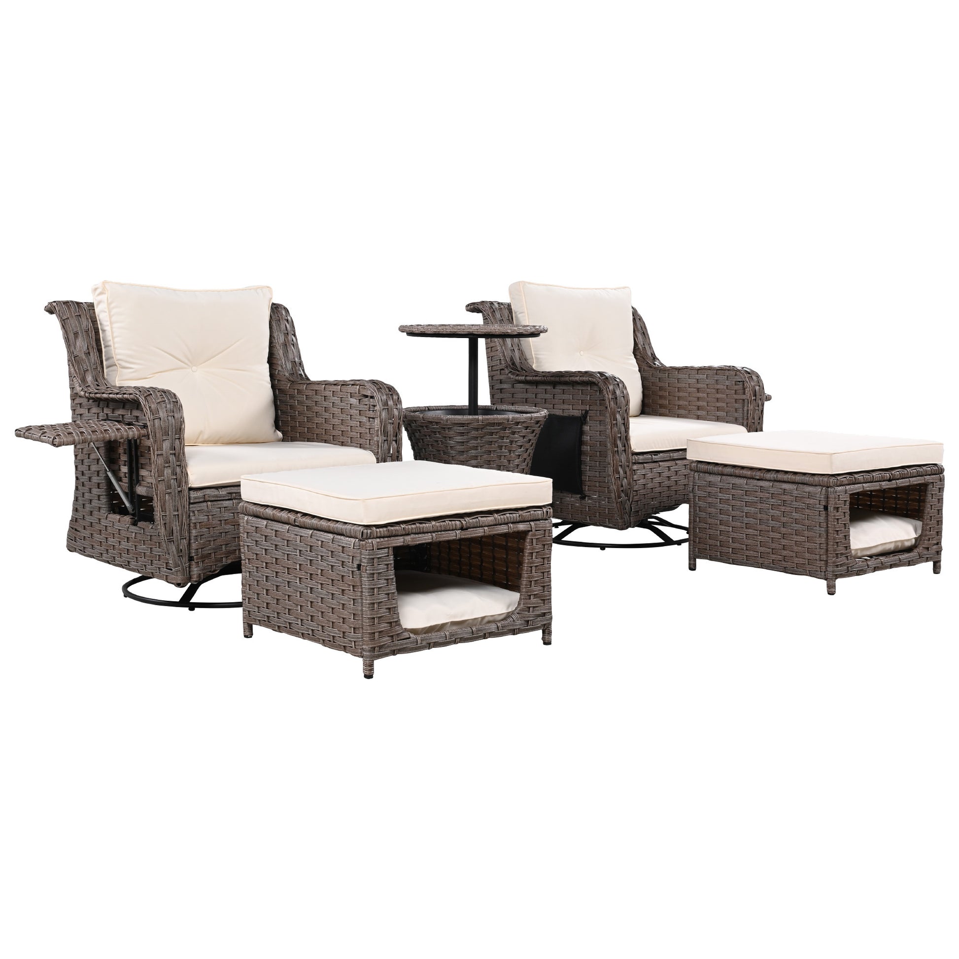 K&K 5 Pieces Outdoor Patio Furniture Set With Pet House Cool Bar And Retractable Side Tray, Rattan Wicker Patio Swivel Rocking Chairs Set Of 2 With Ottomans For Backyard, Porch, Balcony, Beige Yes Rocker & Glider Brown Beige Seats 2 Weather Resistant