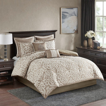 8 Piece Jacquard Comforter Set Tan Ivory Cal King California King Tan Ivory Polyester