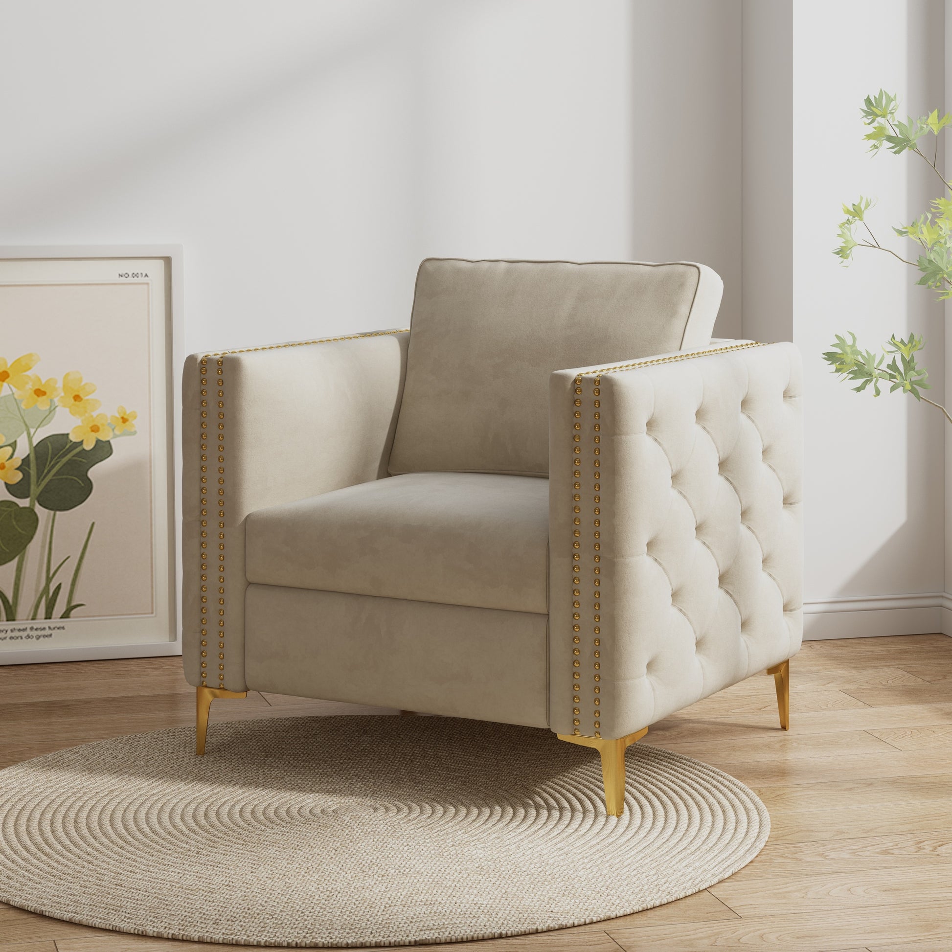 Accent Chair For Living Room Upholstered Arm Chair With Metal Legs Beige Velvet Beige Foam Fabric