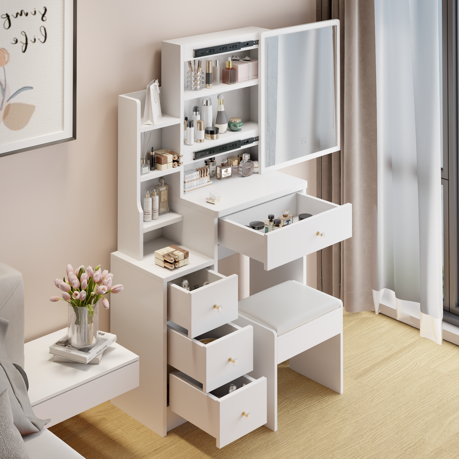 Small Space Left Bedside Cabinet Vanity Table Cushioned Stool, Extra Large Right Sliding Mirror, Multi Layer High Capacity Storage, Practical Fashionable Dresser, Suitable For Girls Up To 5.6Ft Tall