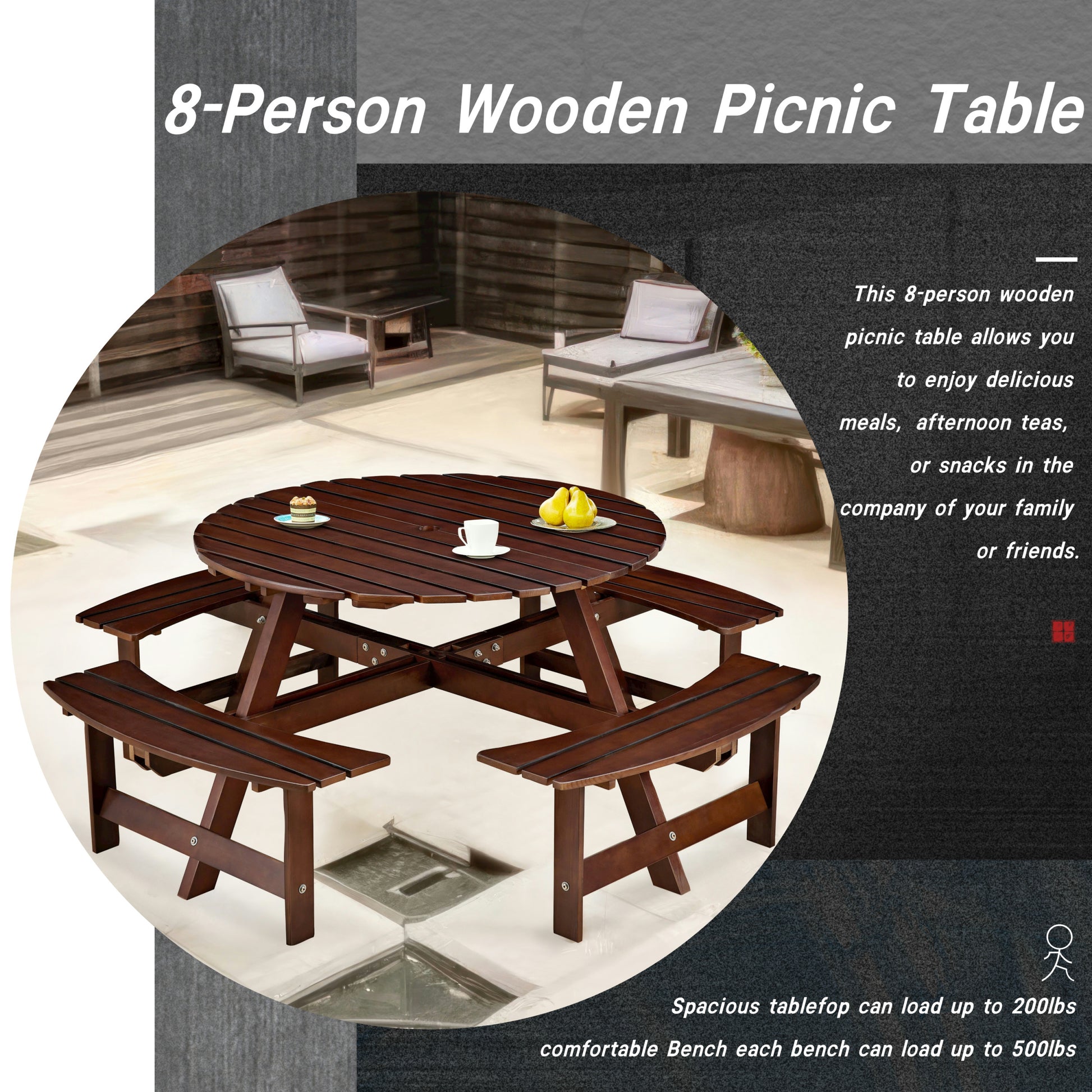 Outdoor 8 Person Picnic Table, 8 Person Round Picnic Table With 4 Built In Benches, Umbrella Hole, Outside Table And Bench Set For Garden, Backyard, Porch, Patio, Brown Brown Wood Metal